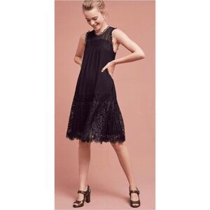 Anthropologie FLOREAT Lace Dropwaist Pleated Little Black Dress LBD Party Size 4
